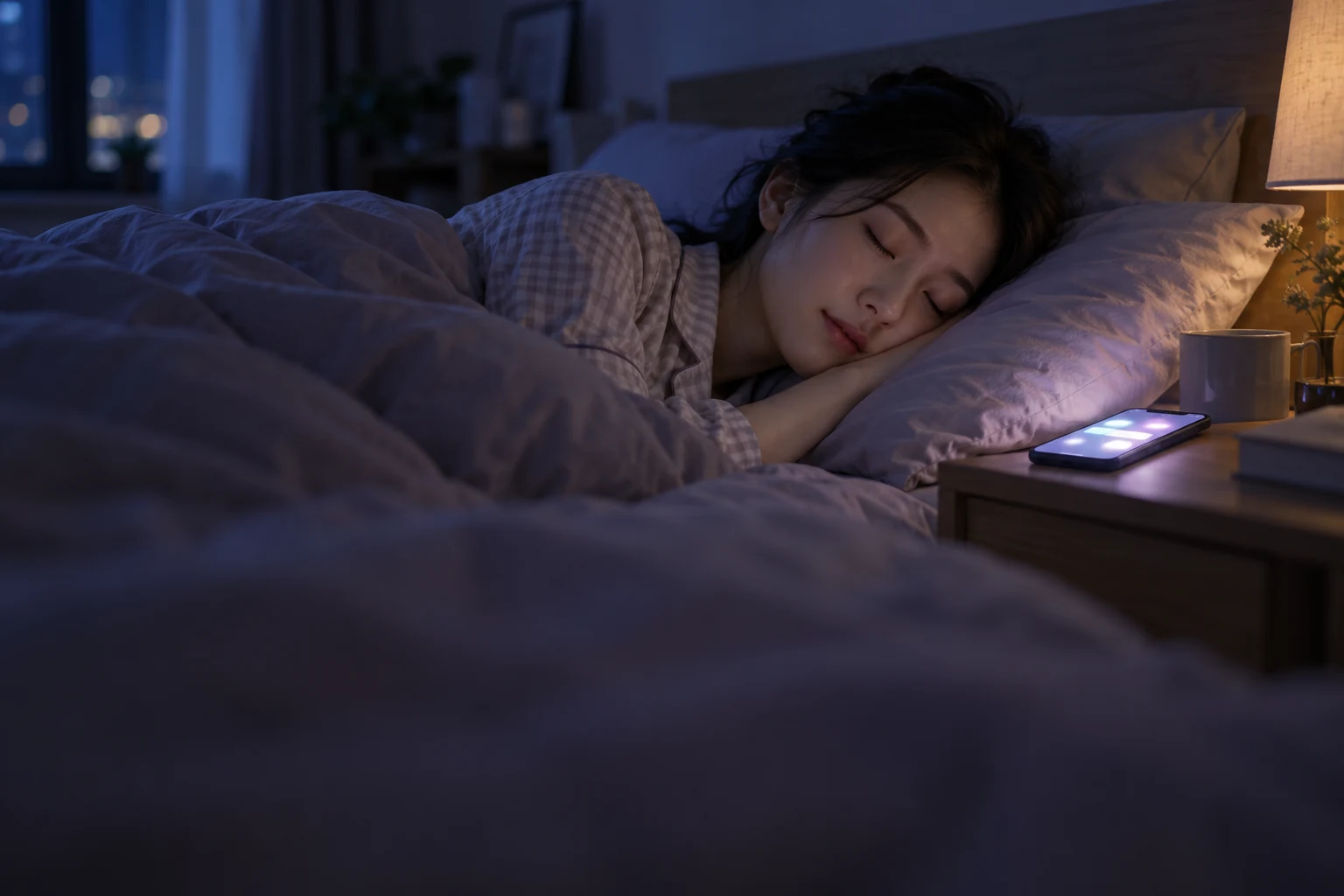 夜晚卧室里的中国成年人正在睡觉，床头手机仍有消息提醒，背景虚化
