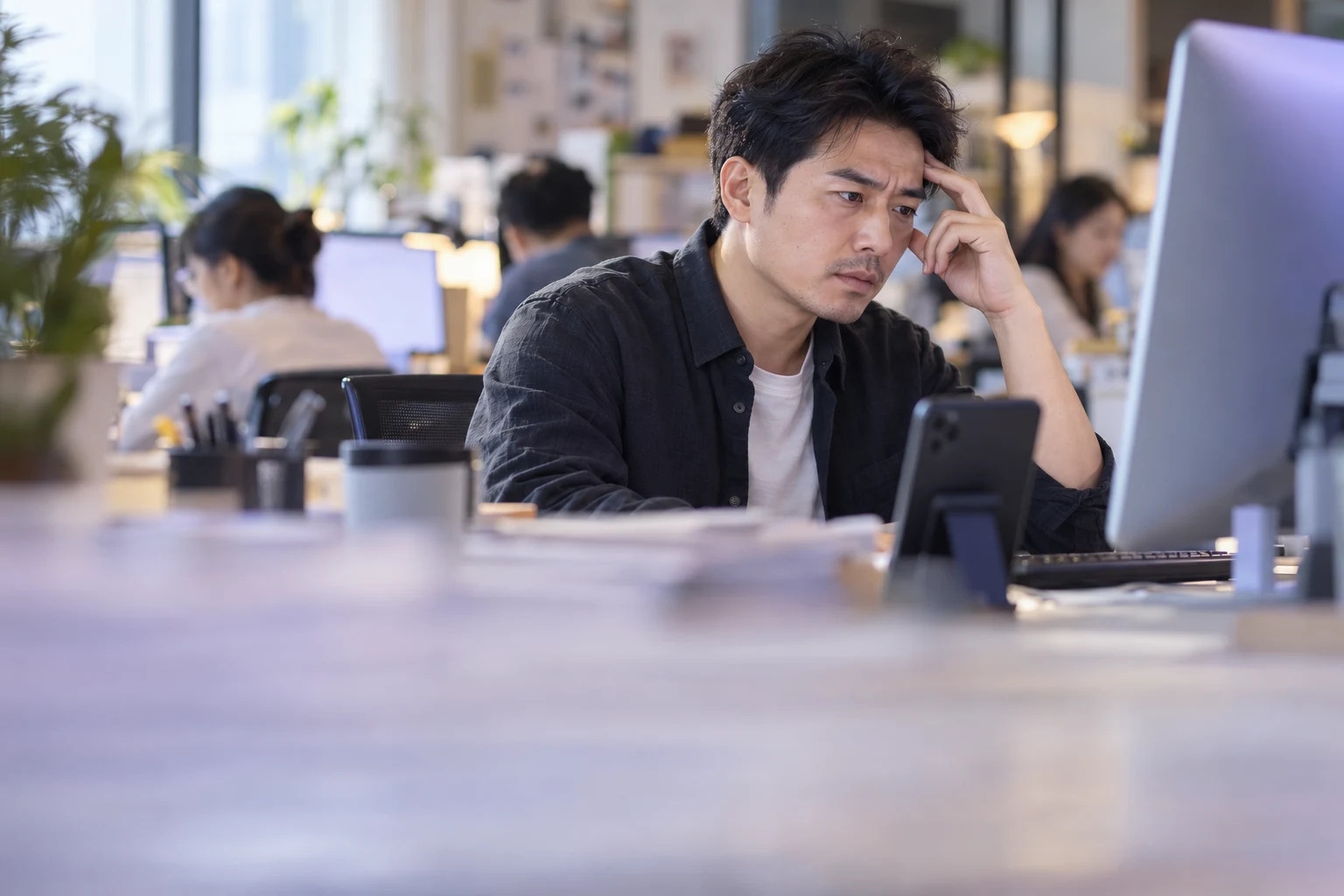 中国电商店主在电脑前皱眉思考，面前有手机和键盘，办公室背景虚化